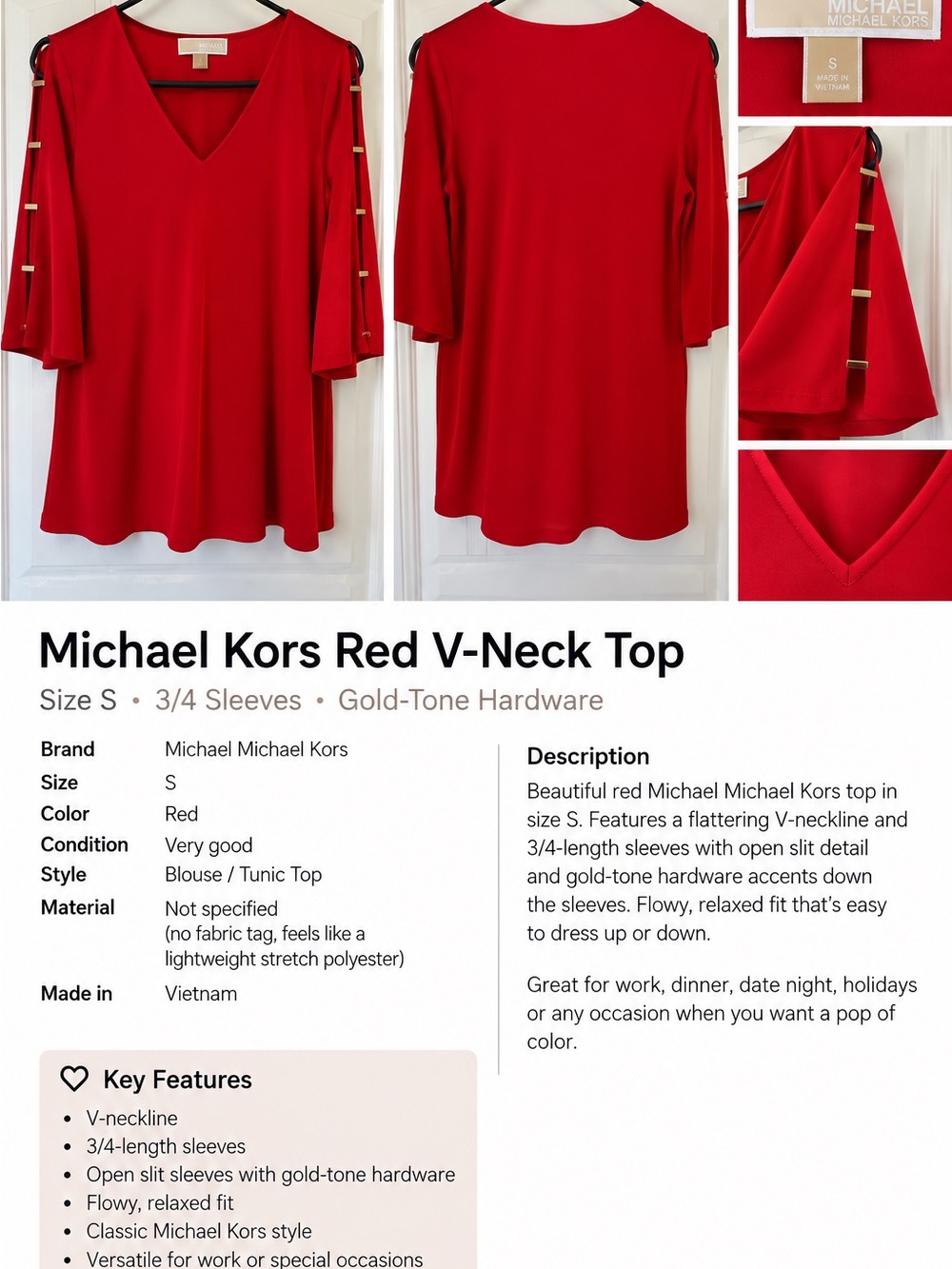 MICHAEL Michael Kors Red V-Neck Tunic with Gold-Tone Sleeve Accents